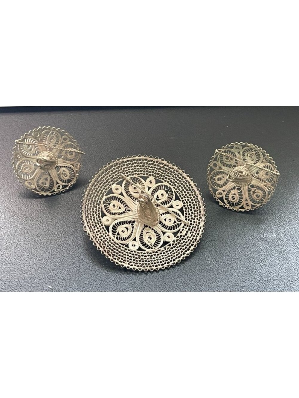 Vintage 800 Silver Filigree Sombrero Brooch Earrings Set Large Statement